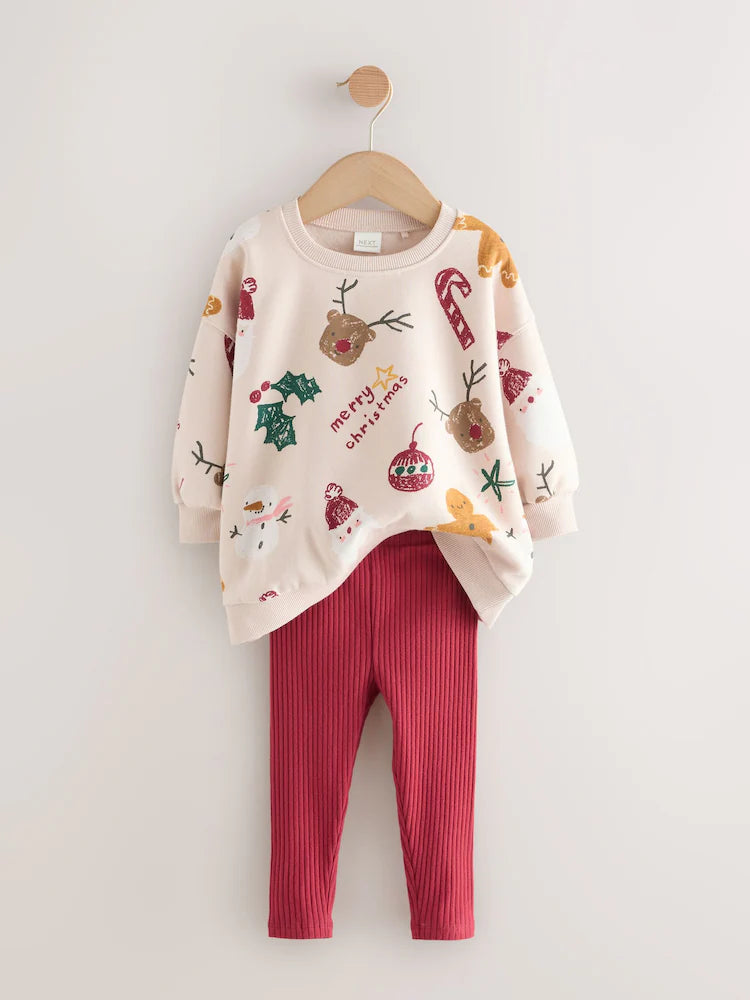 |Girl| Conjunto De Moletom e Leggings Com Estampa De Natal Bege/Vermelho (3 meses a 7 anos)