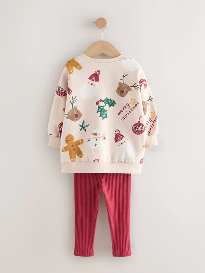 |Girl| Conjunto De Moletom e Leggings Com Estampa De Natal Bege/Vermelho (3 meses a 7 anos)