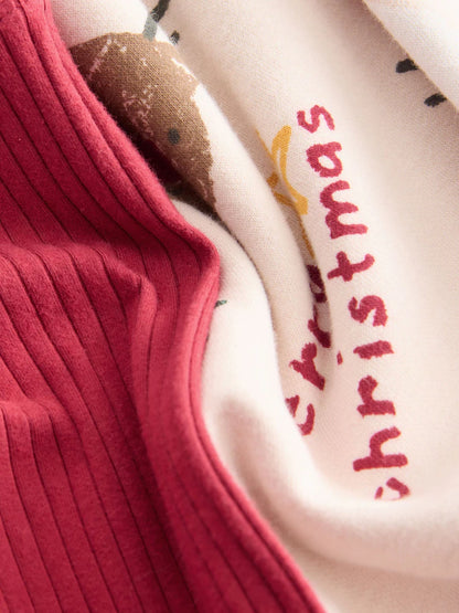 |Girl| Conjunto De Moletom e Leggings Com Estampa De Natal Bege/Vermelho (3 meses a 7 anos)