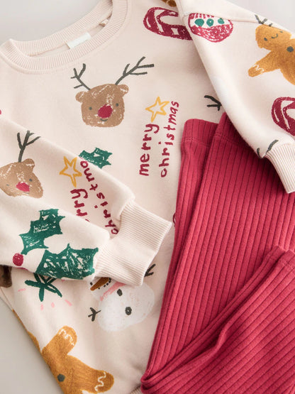 |Girl| Conjunto De Moletom e Leggings Com Estampa De Natal Bege/Vermelho (3 meses a 7 anos)