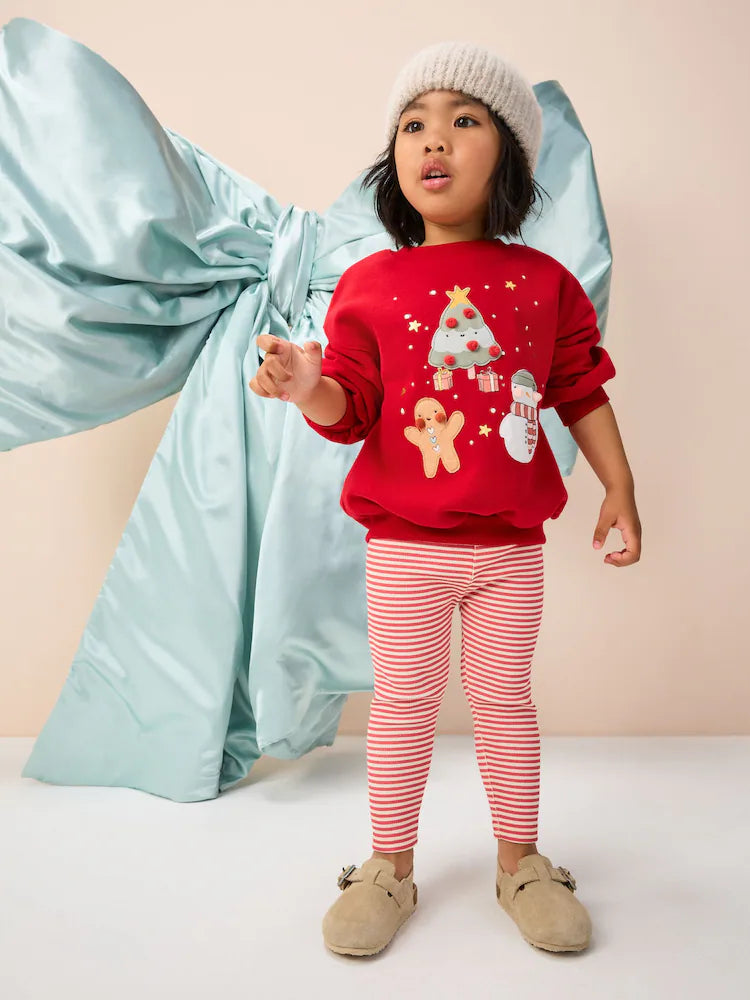 |Girl| Conjunto De Moletom e Leggings Com Personagens De Natal Vermelho (3 meses a 7 anos)