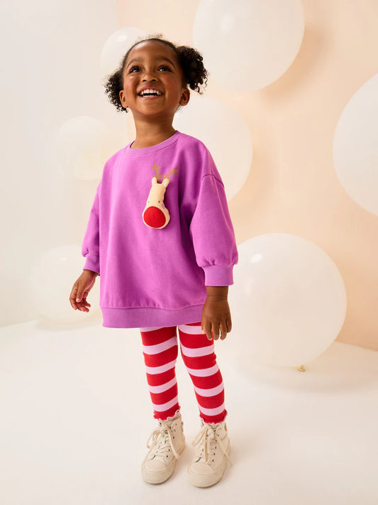 |Girl| Conjunto De Moletom e Leggings De Natal Com Rena Roxa Que Range (3 meses a 7 anos)