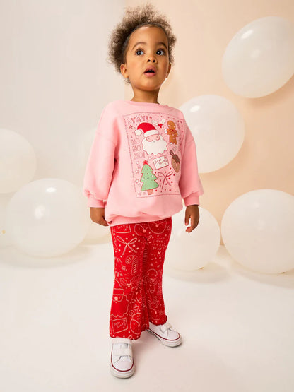 |Girl| Conjunto De Moletom e Leggings Flare Rosa/Vermelho De Natal (3 meses a 7 anos)