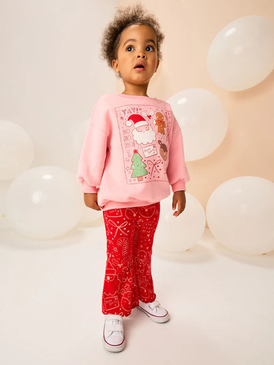 |Girl| Conjunto De Moletom e Leggings Flare Rosa/Vermelho De Natal (3 meses a 7 anos)