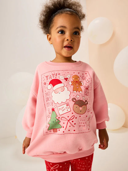 |Girl| Conjunto De Moletom e Leggings Flare Rosa/Vermelho De Natal (3 meses a 7 anos)