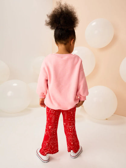 |Girl| Conjunto De Moletom e Leggings Flare Rosa/Vermelho De Natal (3 meses a 7 anos)