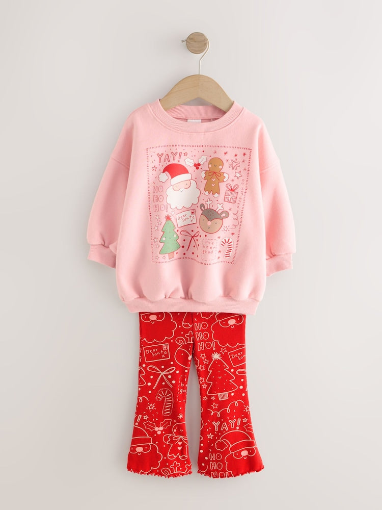 |Girl| Conjunto De Moletom e Leggings Flare Rosa/Vermelho De Natal (3 meses a 7 anos)