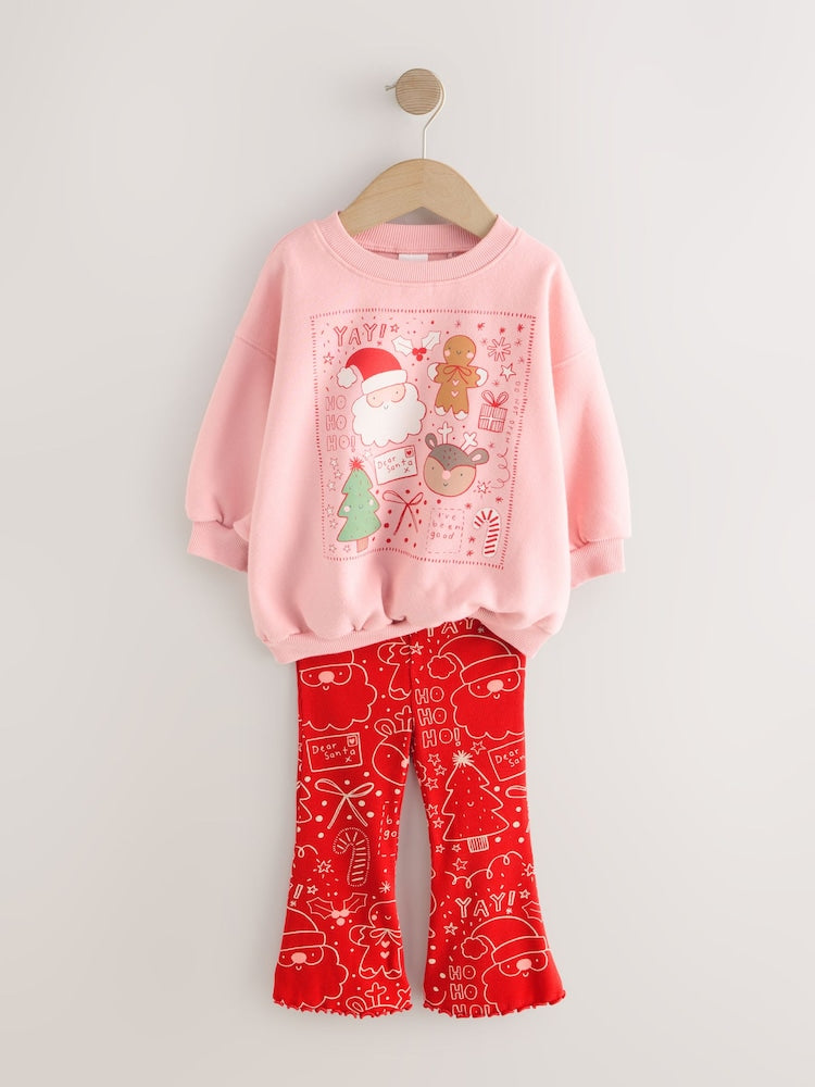 |Girl| Conjunto De Moletom e Leggings Flare Rosa/Vermelho De Natal (3 meses a 7 anos)