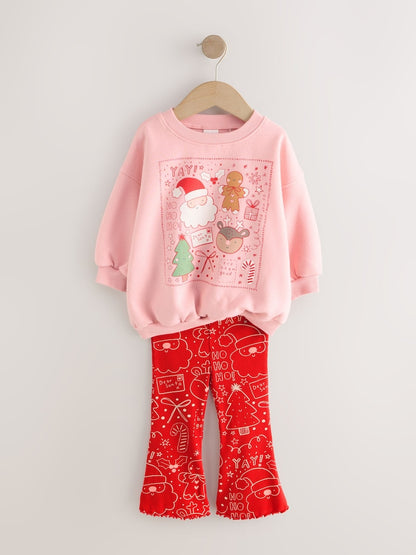 |Girl| Conjunto De Moletom e Leggings Flare Rosa/Vermelho De Natal (3 meses a 7 anos)