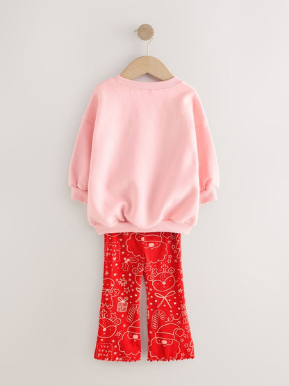 |Girl| Conjunto De Moletom e Leggings Flare Rosa/Vermelho De Natal (3 meses a 7 anos)