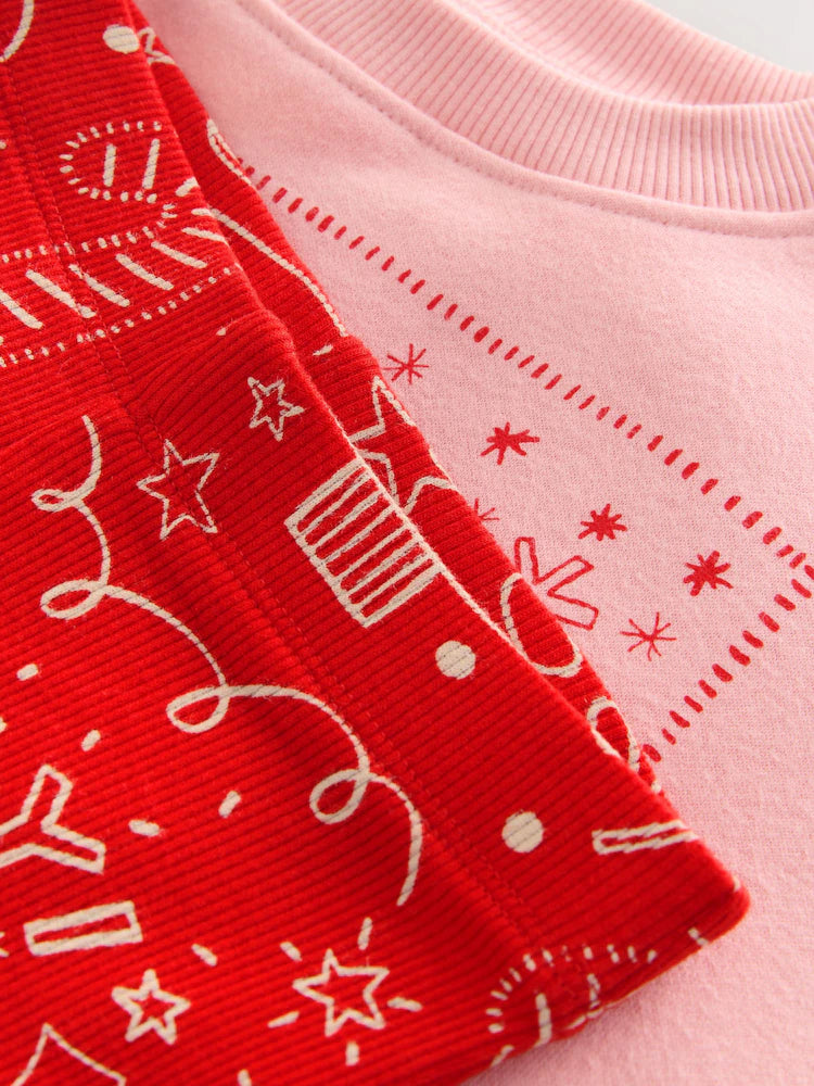 |Girl| Conjunto De Moletom e Leggings Flare Rosa/Vermelho De Natal (3 meses a 7 anos)
