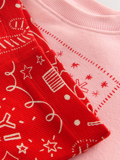 |Girl| Conjunto De Moletom e Leggings Flare Rosa/Vermelho De Natal (3 meses a 7 anos)