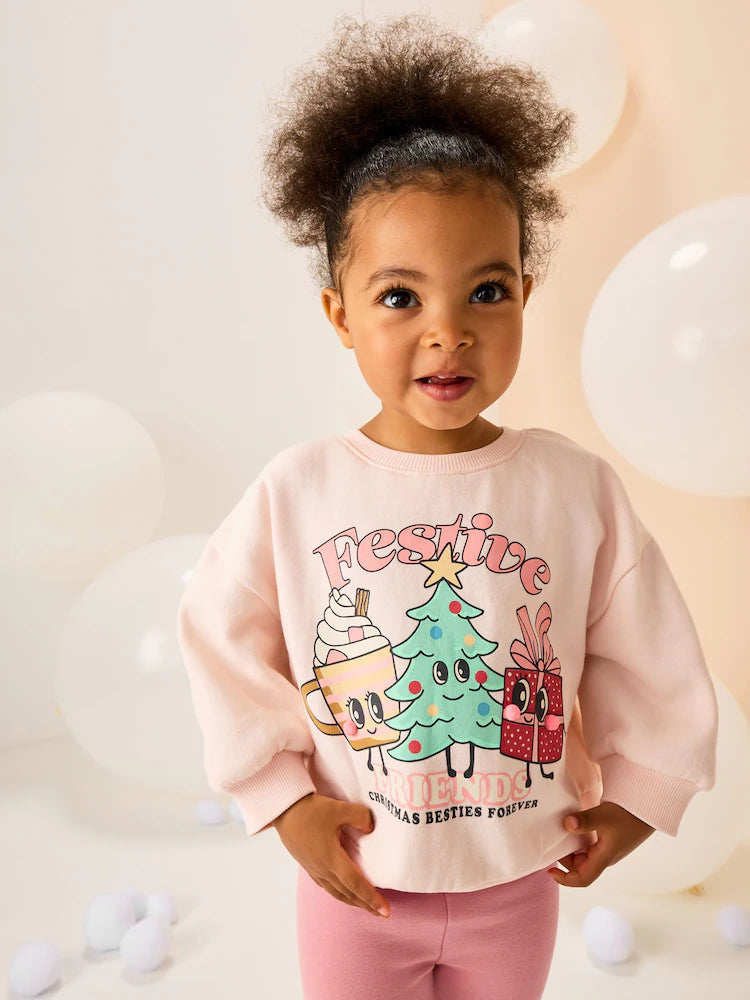 |Girl| Moletom com gola redonda de Natal Festive Friends rosa claro (3 meses a 7 anos)