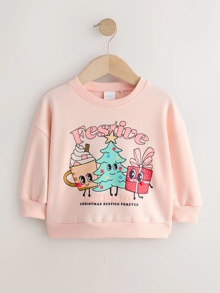 |Girl| Moletom com gola redonda de Natal Festive Friends rosa claro (3 meses a 7 anos)