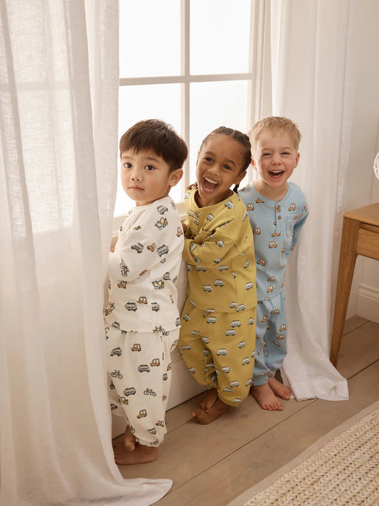 |Boy| Conjunto De 3 Pijamas Canelados Mini Transport Nas Cores Azul/Cru/Ocre (9 meses a 12 anos)
