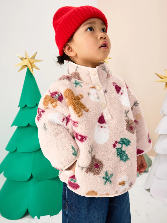 |Girl| Fleece De Natal Bege Meio Popper (3 meses a 7 anos)