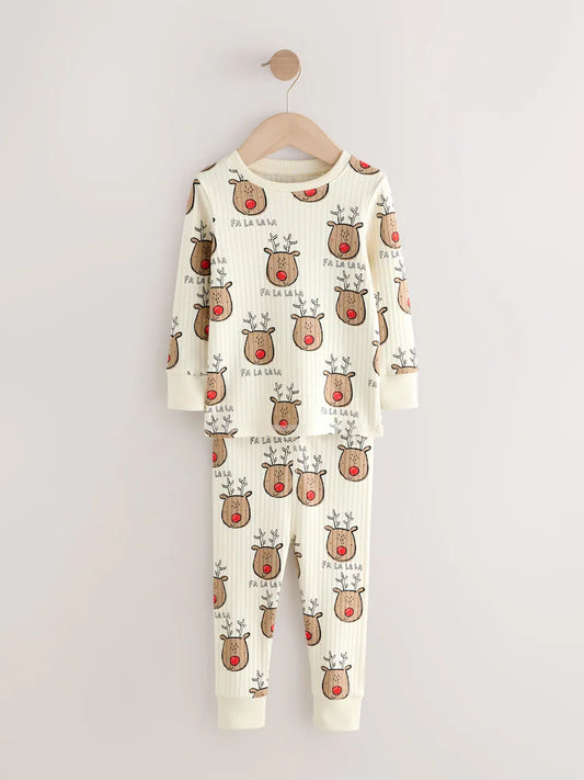 |Boy| Pijama De Solteiro Com Estampa De Rena De Natal Ecru e Branco (9 meses a 10 anos)