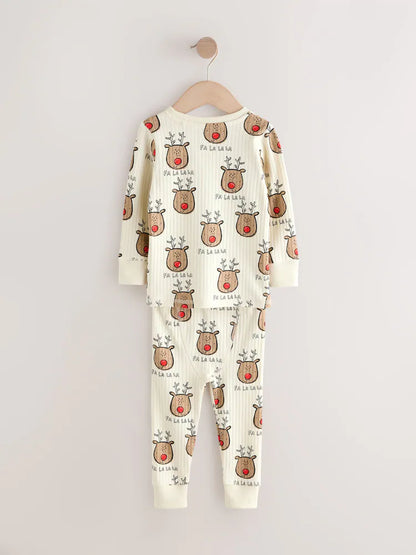 |Boy| Pijama De Solteiro Com Estampa De Rena De Natal Ecru e Branco (9 meses a 10 anos)