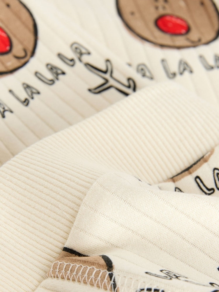 |Boy| Pijama De Solteiro Com Estampa De Rena De Natal Ecru e Branco (9 meses a 10 anos)