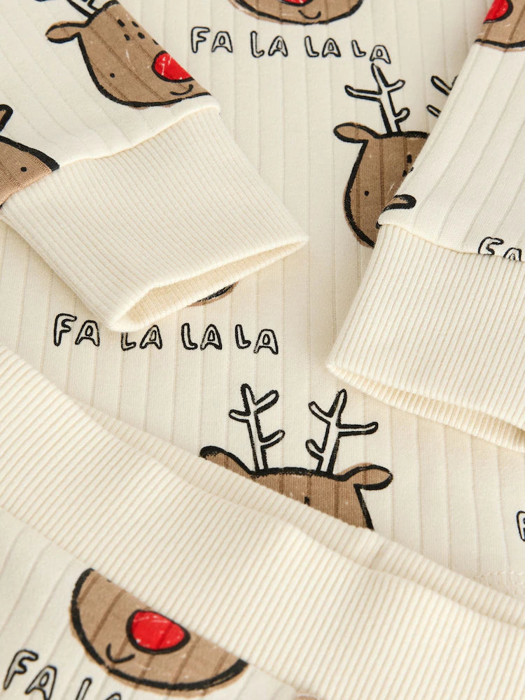 |Boy| Pijama De Solteiro Com Estampa De Rena De Natal Ecru e Branco (9 meses a 10 anos)