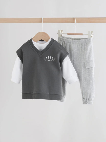 |BabyBoy| Conjunto De Colete e Leggings Cinza Little Man Baby (0 meses a 2 anos)