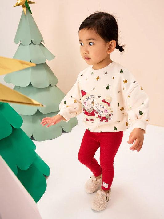 |Girl| Conjunto De Moletom e Leggings Peppa Pig Creme/Vermelho Para o Natal (3 meses a 7 anos)