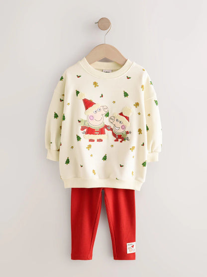 |Girl| Conjunto De Moletom e Leggings Peppa Pig Creme/Vermelho Para o Natal (3 meses a 7 anos)