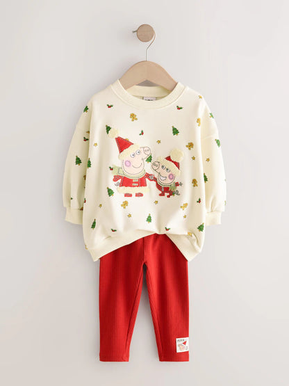 |Girl| Conjunto De Moletom e Leggings Peppa Pig Creme/Vermelho Para o Natal (3 meses a 7 anos)