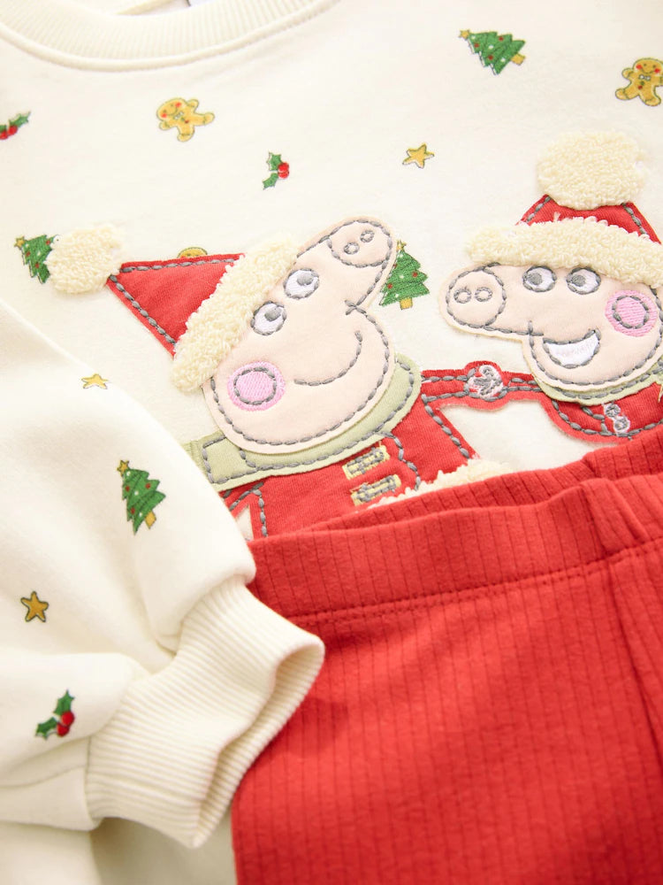 |Girl| Conjunto De Moletom e Leggings Peppa Pig Creme/Vermelho Para o Natal (3 meses a 7 anos)