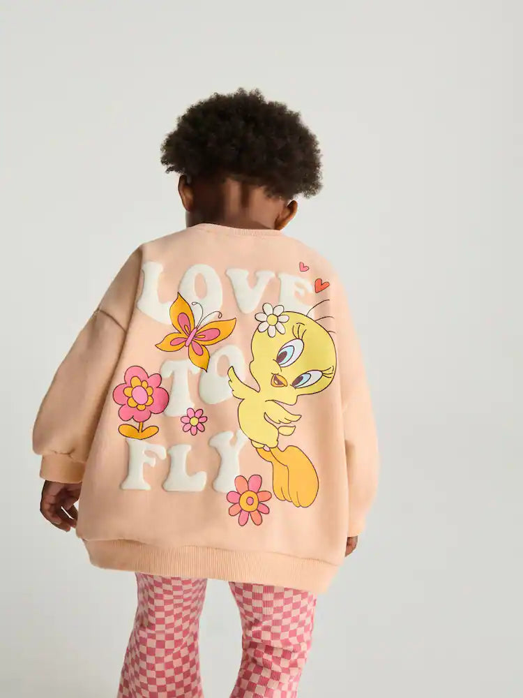 |Girl| Conjunto De Moletom e Legging Flare Tweety Rosa Pêssego (3 meses a 7 anos)