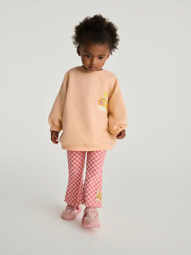 |Girl| Conjunto De Moletom e Legging Flare Tweety Rosa Pêssego (3 meses a 7 anos)