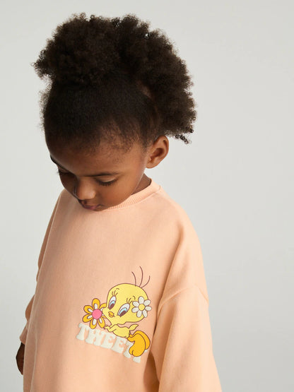 |Girl| Conjunto De Moletom e Legging Flare Tweety Rosa Pêssego (3 meses a 7 anos)