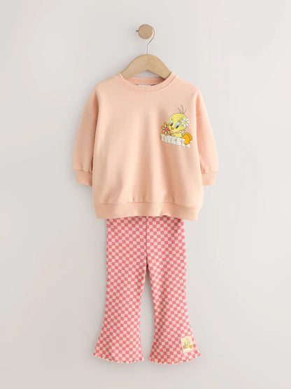 |Girl| Conjunto De Moletom e Legging Flare Tweety Rosa Pêssego (3 meses a 7 anos)