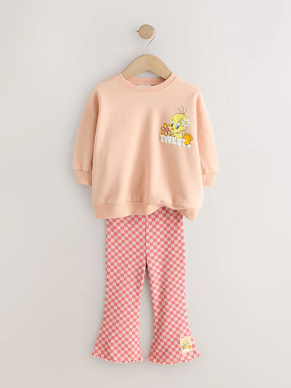 |Girl| Conjunto De Moletom e Legging Flare Tweety Rosa Pêssego (3 meses a 7 anos)