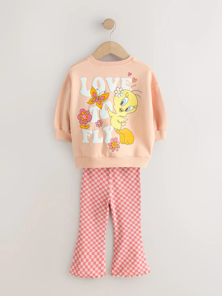 |Girl| Conjunto De Moletom e Legging Flare Tweety Rosa Pêssego (3 meses a 7 anos)