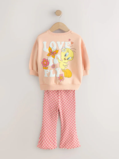|Girl| Conjunto De Moletom e Legging Flare Tweety Rosa Pêssego (3 meses a 7 anos)