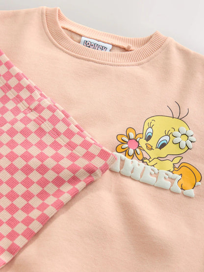 |Girl| Conjunto De Moletom e Legging Flare Tweety Rosa Pêssego (3 meses a 7 anos)