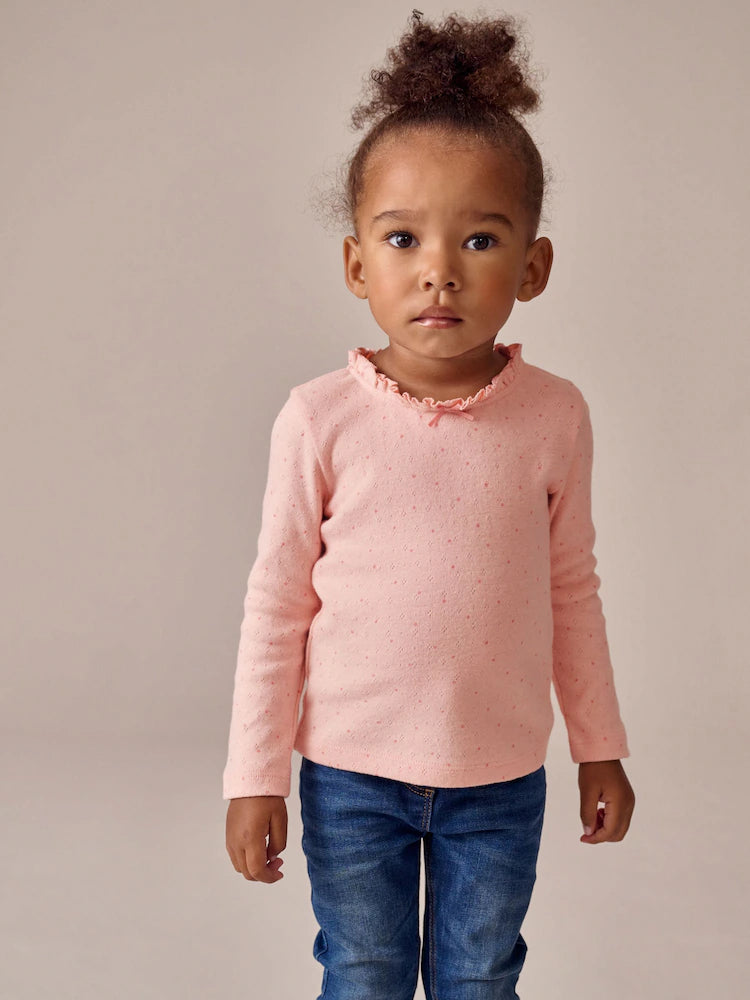 |Girl| Camiseta Pointelle De Manga Comprida Com Bolinhas Rosa Claro (3 meses a 7 anos)