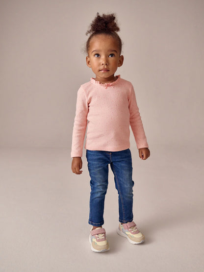 |Girl| Camiseta Pointelle De Manga Comprida Com Bolinhas Rosa Claro (3 meses a 7 anos)