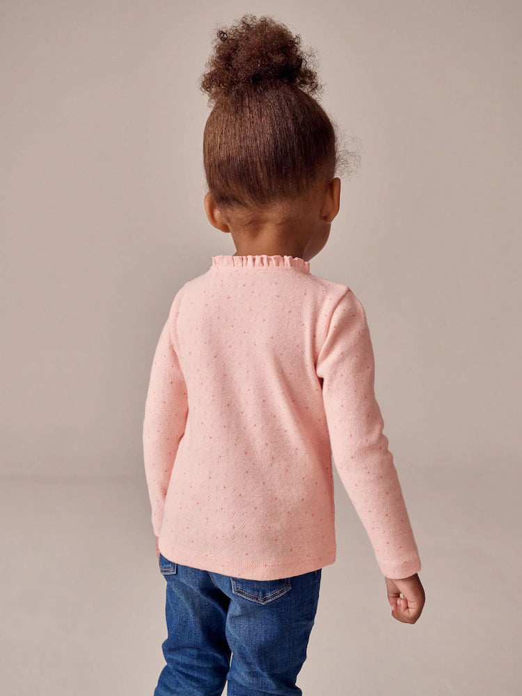 |Girl| Camiseta Pointelle De Manga Comprida Com Bolinhas Rosa Claro (3 meses a 7 anos)