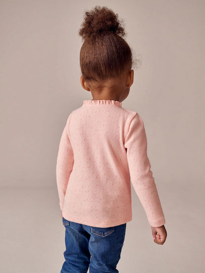 |Girl| Camiseta Pointelle De Manga Comprida Com Bolinhas Rosa Claro (3 meses a 7 anos)