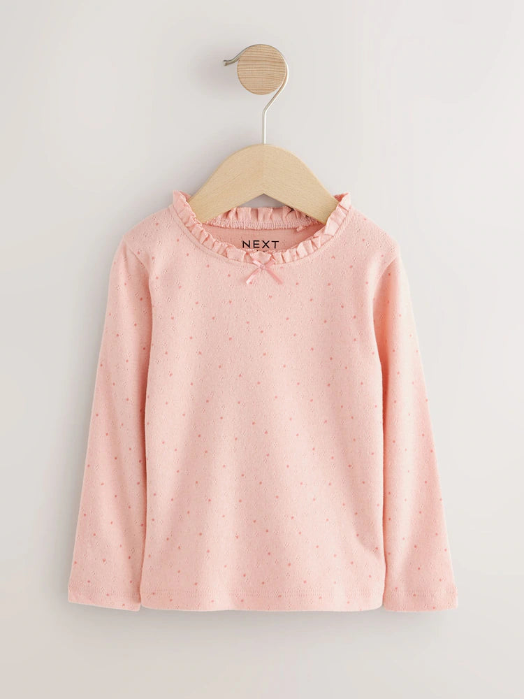 |Girl| Camiseta Pointelle De Manga Comprida Com Bolinhas Rosa Claro (3 meses a 7 anos)