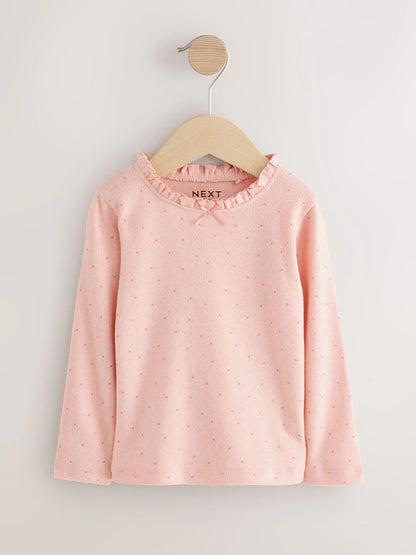 |Girl| Camiseta Pointelle De Manga Comprida Com Bolinhas Rosa Claro (3 meses a 7 anos)