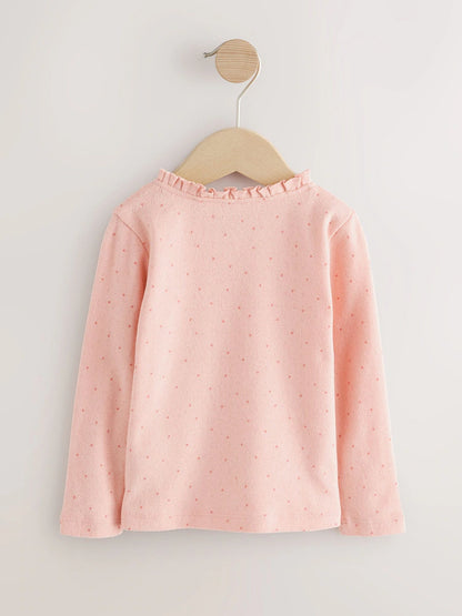 |Girl| Camiseta Pointelle De Manga Comprida Com Bolinhas Rosa Claro (3 meses a 7 anos)