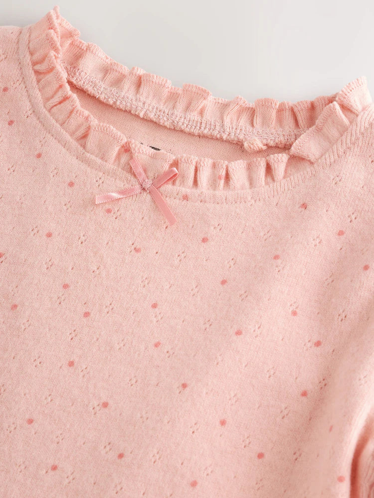 |Girl| Camiseta Pointelle De Manga Comprida Com Bolinhas Rosa Claro (3 meses a 7 anos)
