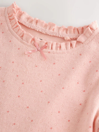 |Girl| Camiseta Pointelle De Manga Comprida Com Bolinhas Rosa Claro (3 meses a 7 anos)