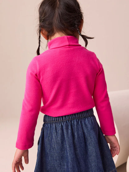 |Girl| Blusa De Gola Alta Manga Comprida Rosa Brilhante (3 meses a 7 anos)