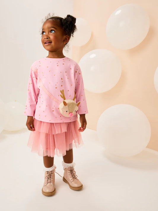 |Girl| Camiseta De Manga Comprida Com Estampa De Rena Rosa (9 meses a 7 anos)