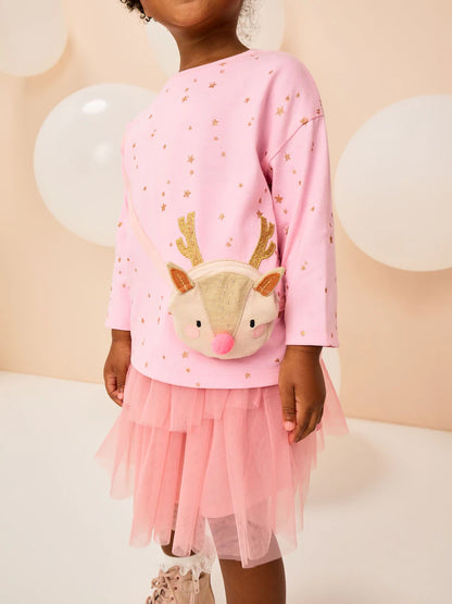 |Girl| Camiseta De Manga Comprida Com Estampa De Rena Rosa (9 meses a 7 anos)