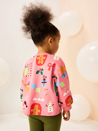 |Girl| Camiseta De Manga Comprida Rosa De Natal (3 meses a 7 anos)